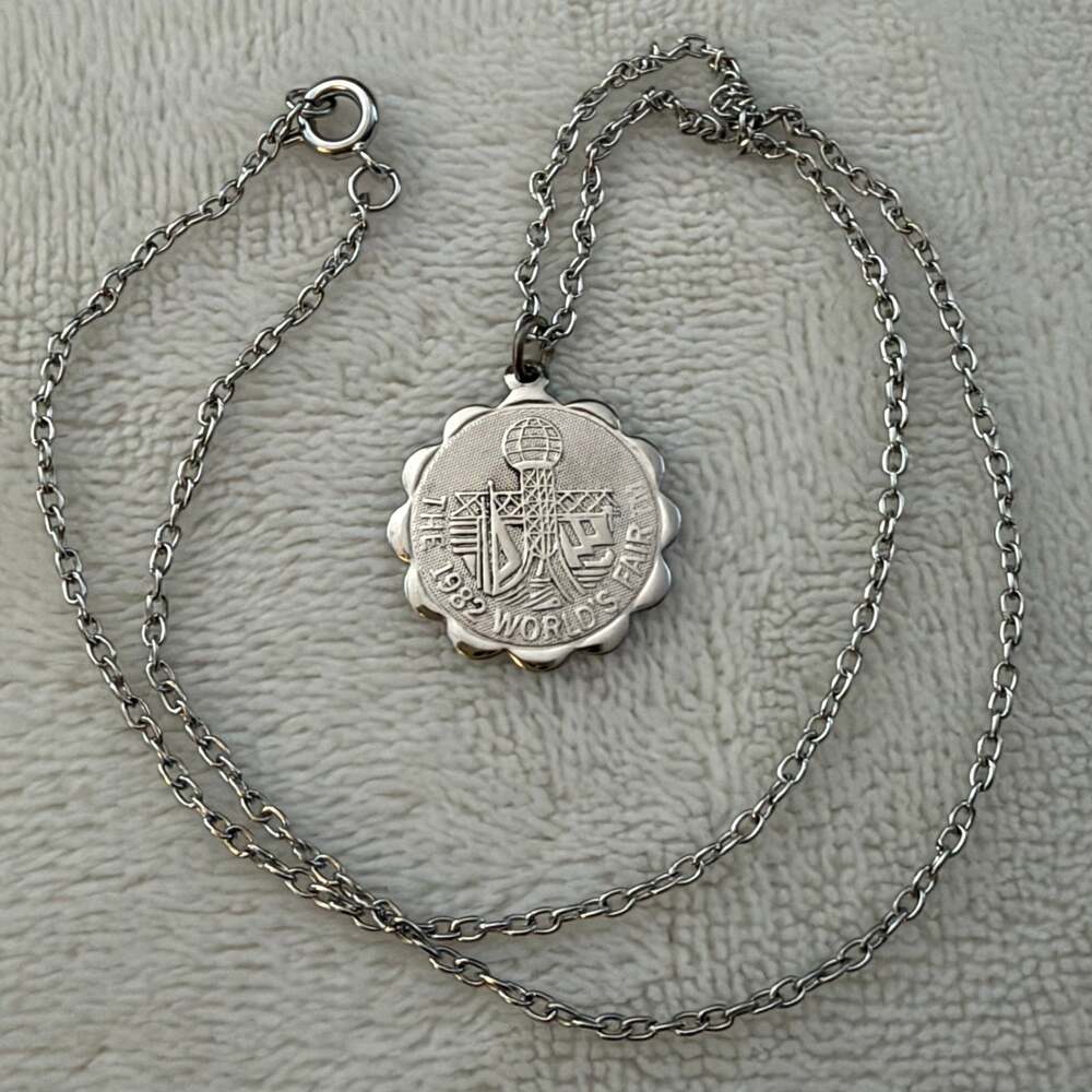 1982 World’s Fair Silver Tone Medallion Pendant Necklace